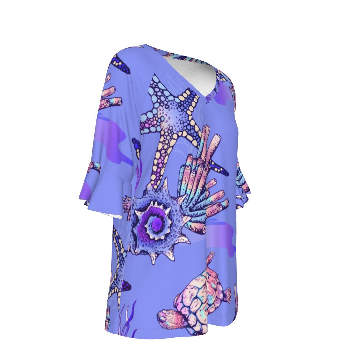 All-Over Print V-neck Women's T-shirt With Bell Sleeve