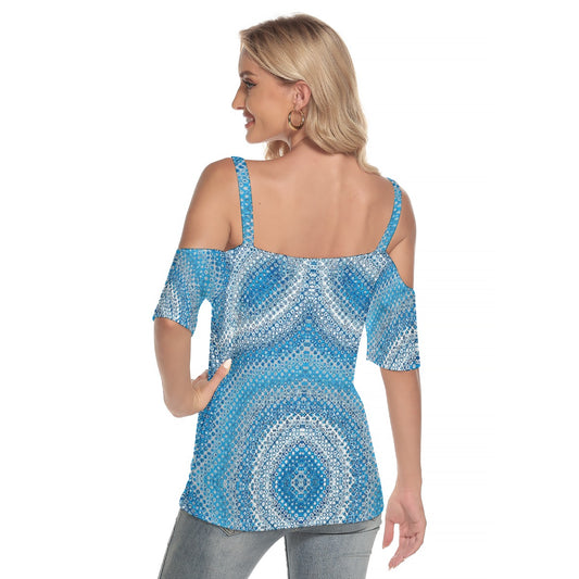 All-Over Print Women's Cold Shoulder T-shirt With Criss Cross Strips