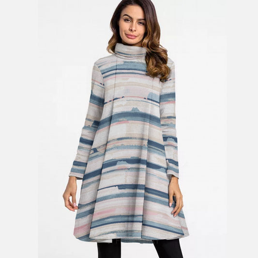 All-Over Print Women's High Neck Dress With Long Sleeve