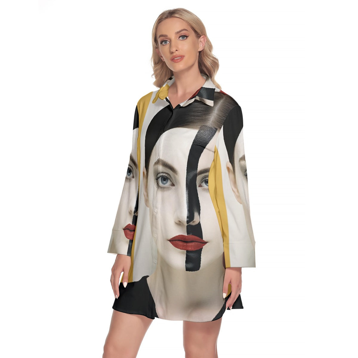 All-Over Print Women's Lapel Shirt Dress With Long Sleeve