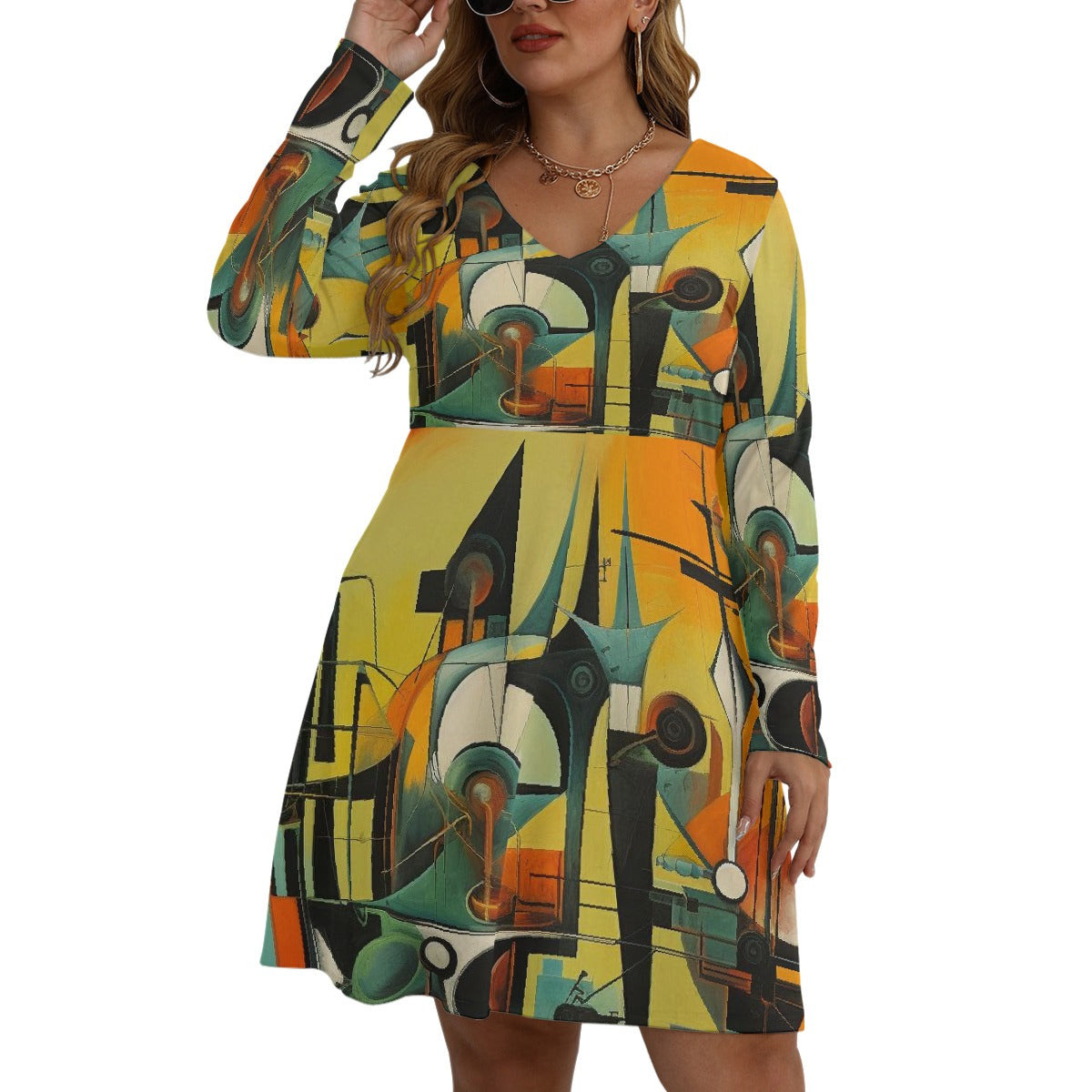 All-Over Print Women's V-neck Long Sleeve Dress(Plus Size)