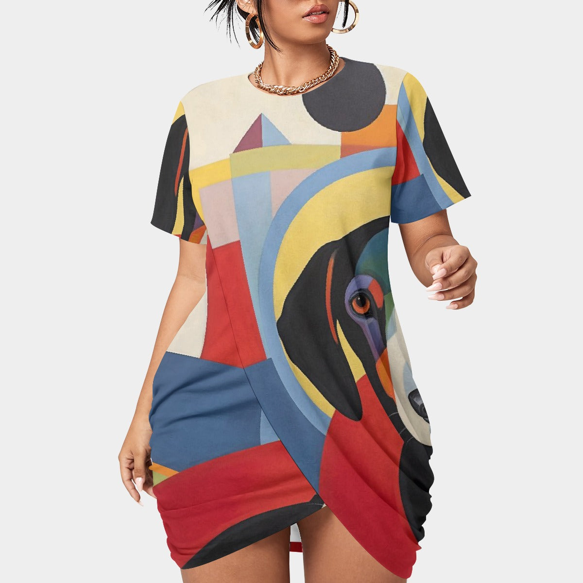 All-Over Print Women’s Stacked Hem Dress With Short Sleeve（Plus Size）