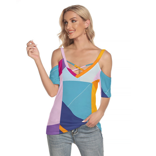 All-Over Print Women's Cold Shoulder T-shirt With Criss Cross Strips