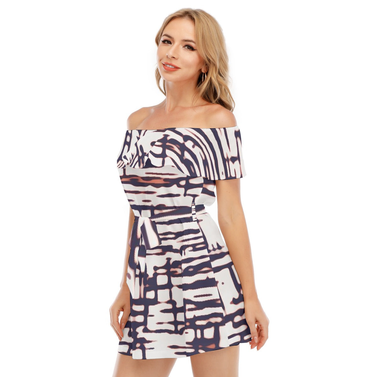 All-Over Print Women's Off-shoulder Dress With Ruffle