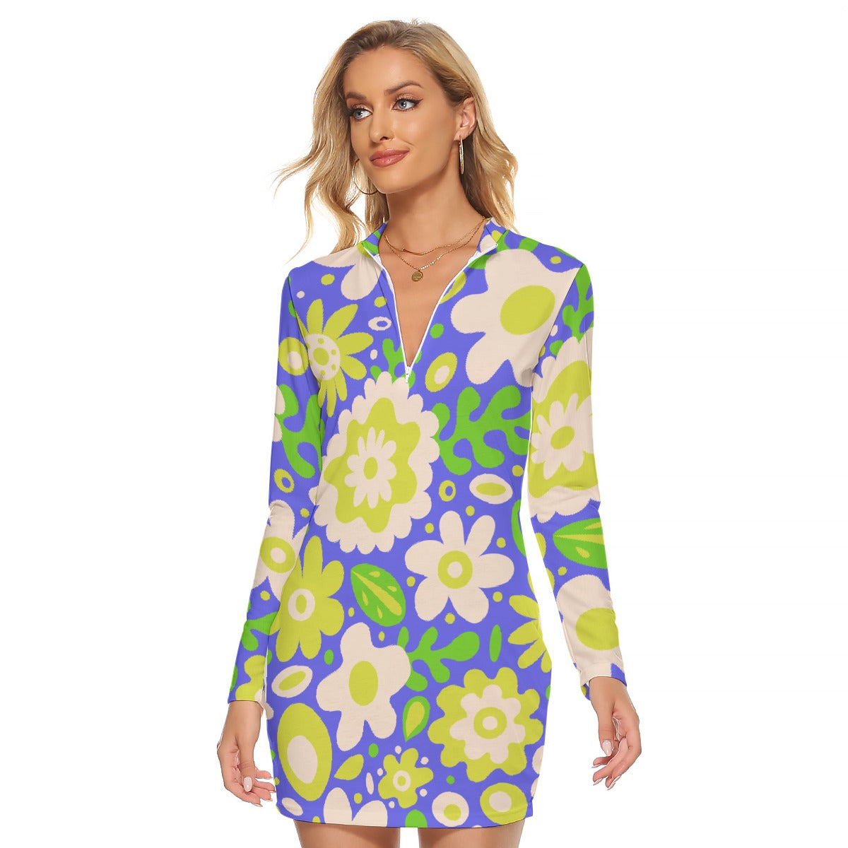 All-Over Print Women's Zip Front Tight Dress