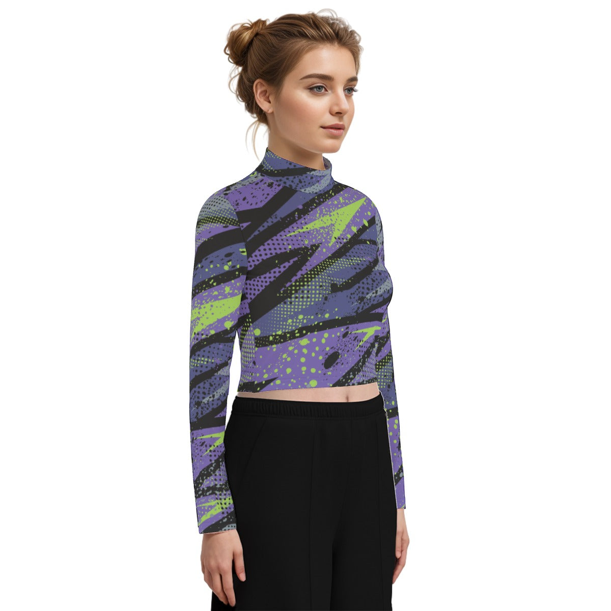 Eco-Friendly All-Over Print Women's Turtleneck T-shirt With Long Sleeve