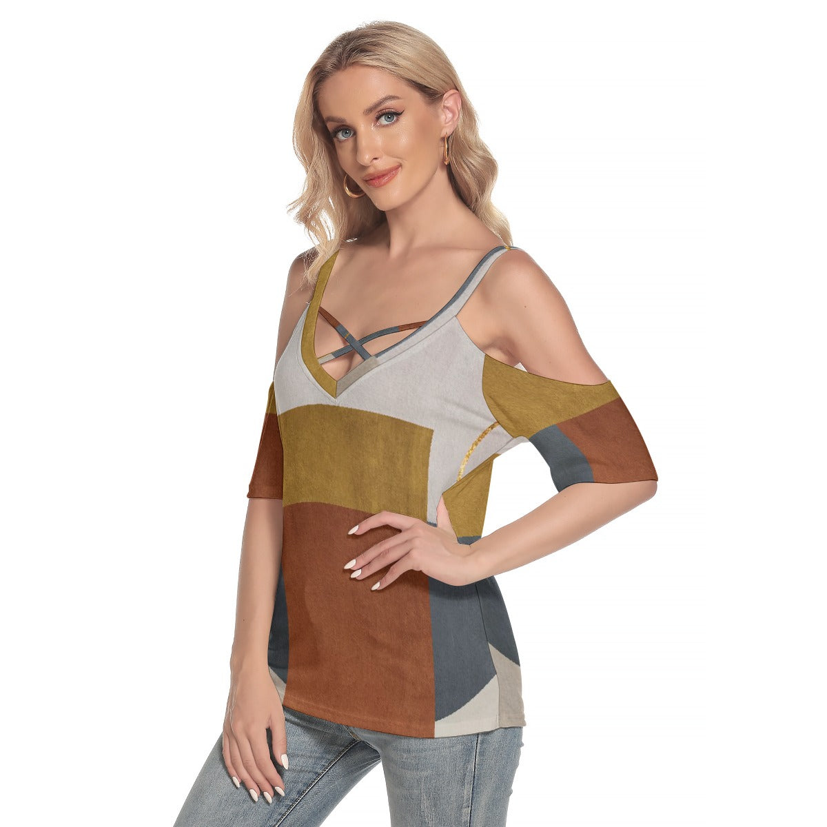 All-Over Print Women's Cold Shoulder T-shirt With Criss Cross Strips