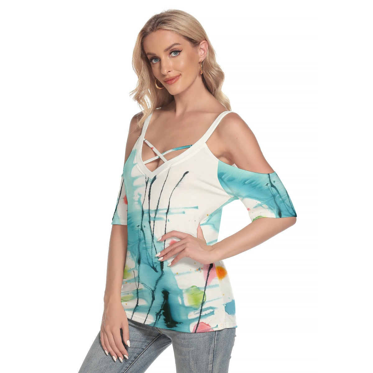 All-Over Print Women's Cold Shoulder T-shirt With Criss Cross Strips