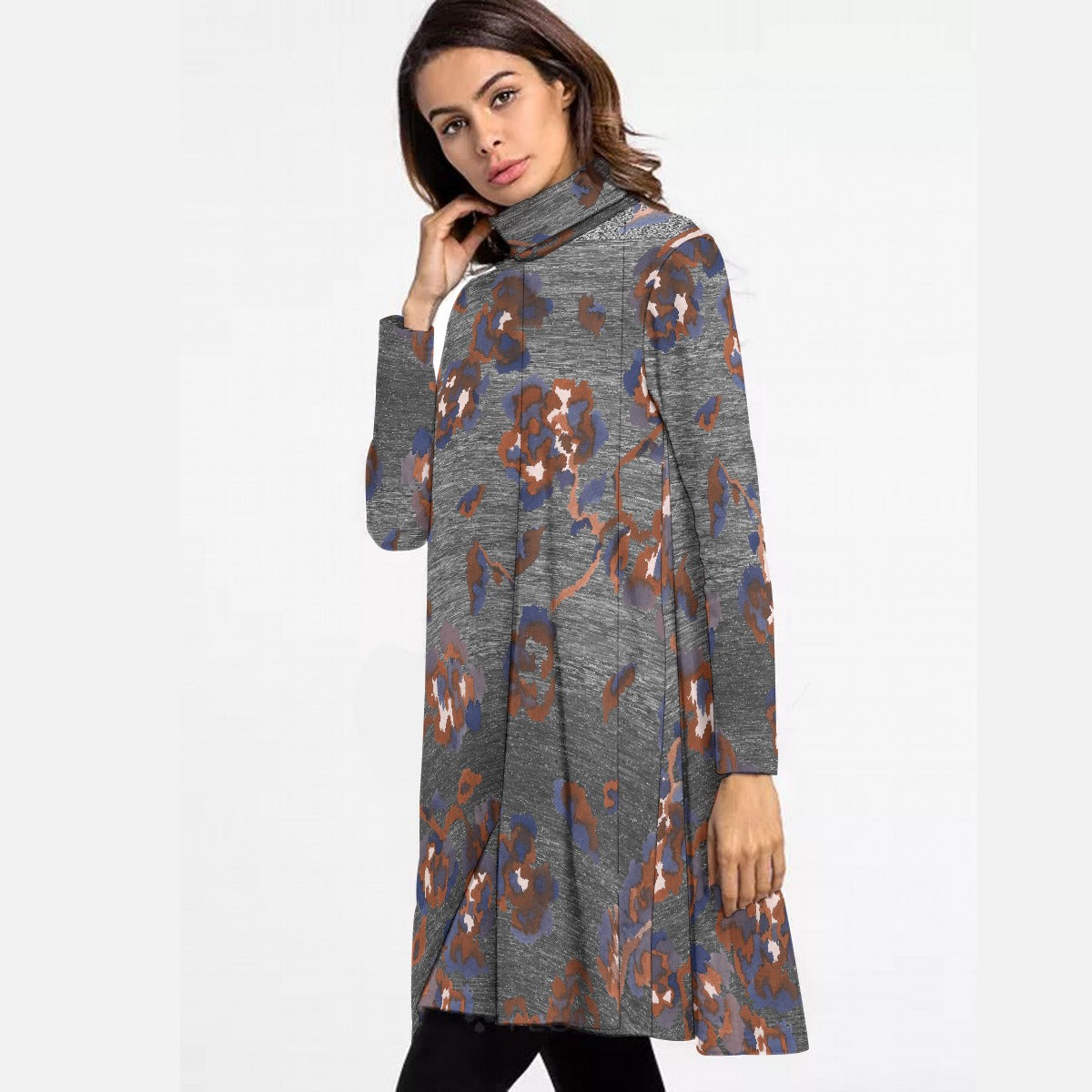 All-Over Print Women's High Neck Dress With Long Sleeve