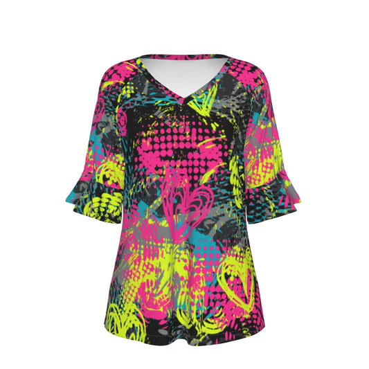 All-Over Print V-neck Women's T-shirt With Bell Sleeve