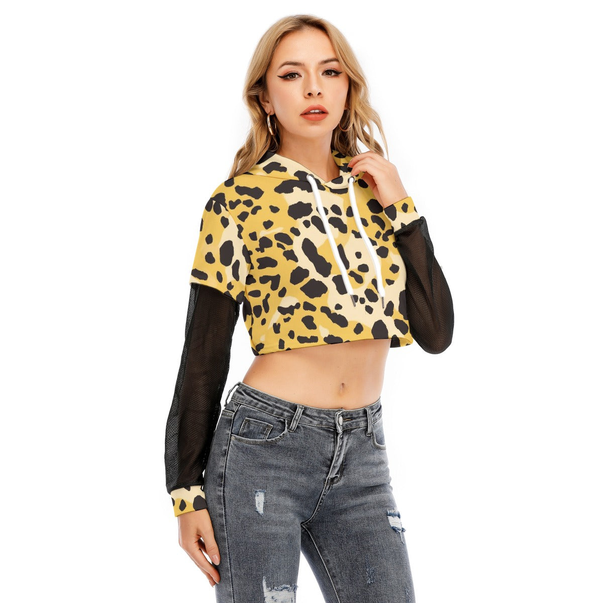 All-Over Print Women's Fake Two-piece Mesh Sleeve Cropped Hoodie