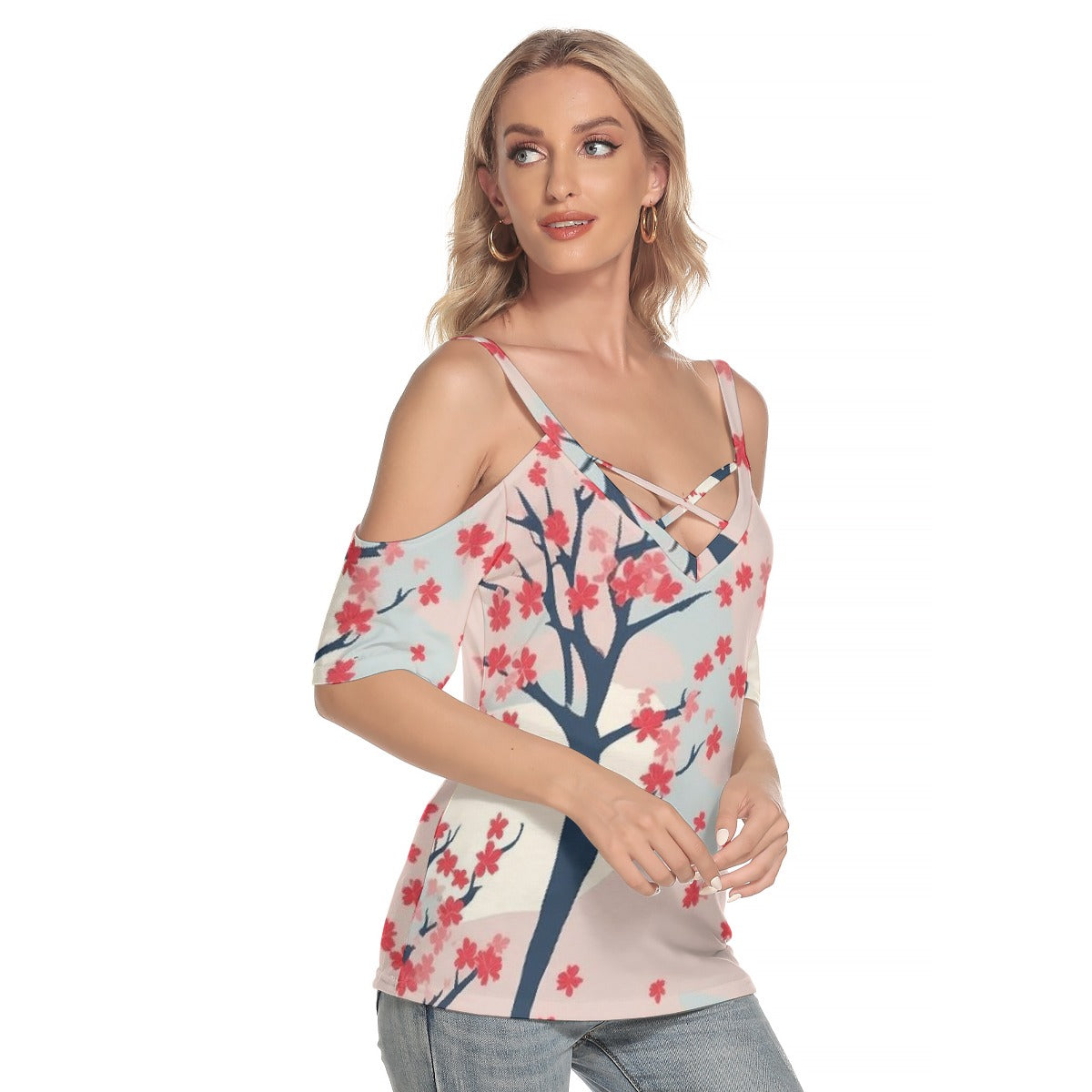 All-Over Print Women's Cold Shoulder T-shirt With Criss Cross Strips