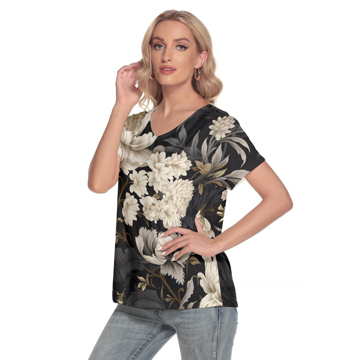 All-Over Print Women's Loose V-neck Short Sleeve T-shirt