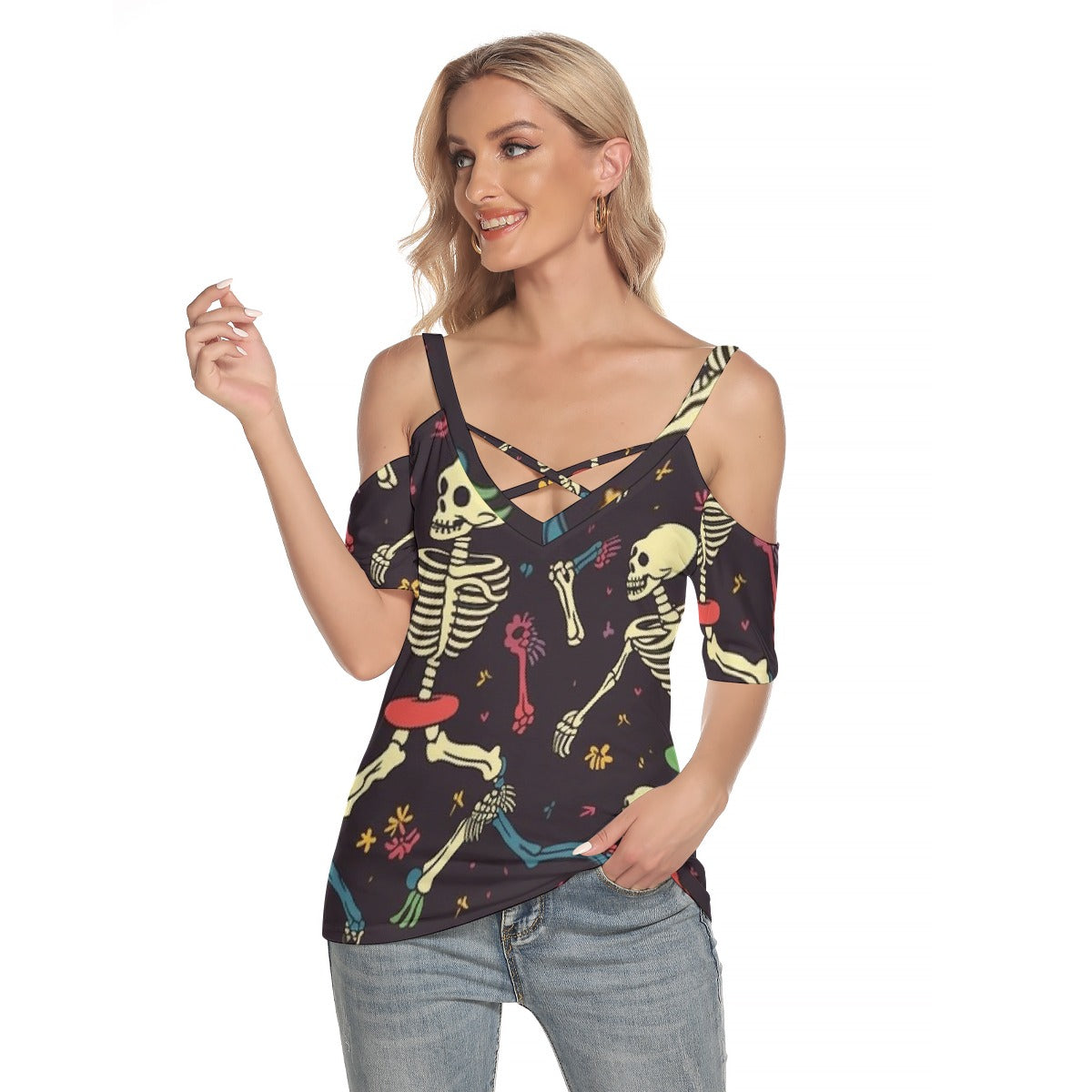 All-Over Print Women's Cold Shoulder T-shirt With Criss Cross Strips