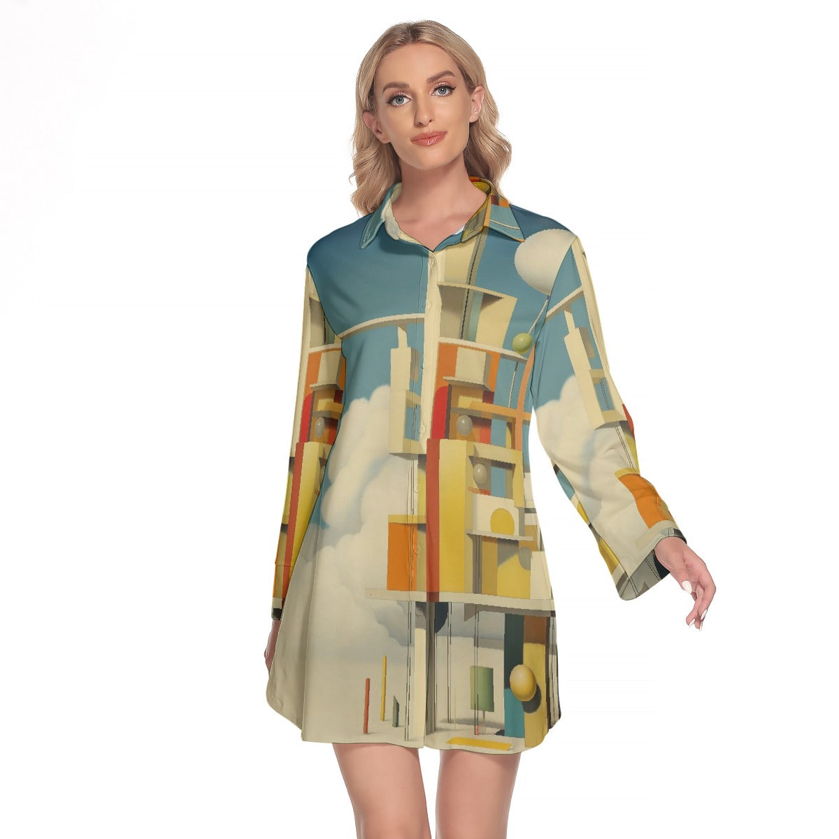 All-Over Print Women's Lapel Shirt Dress With Long Sleeve