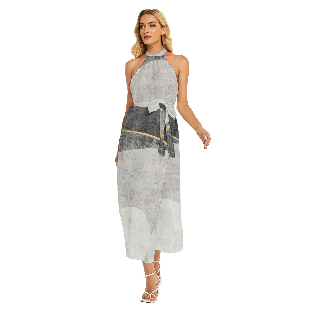 All-Over Print Women's Wrap Hem Belted Halter Dress