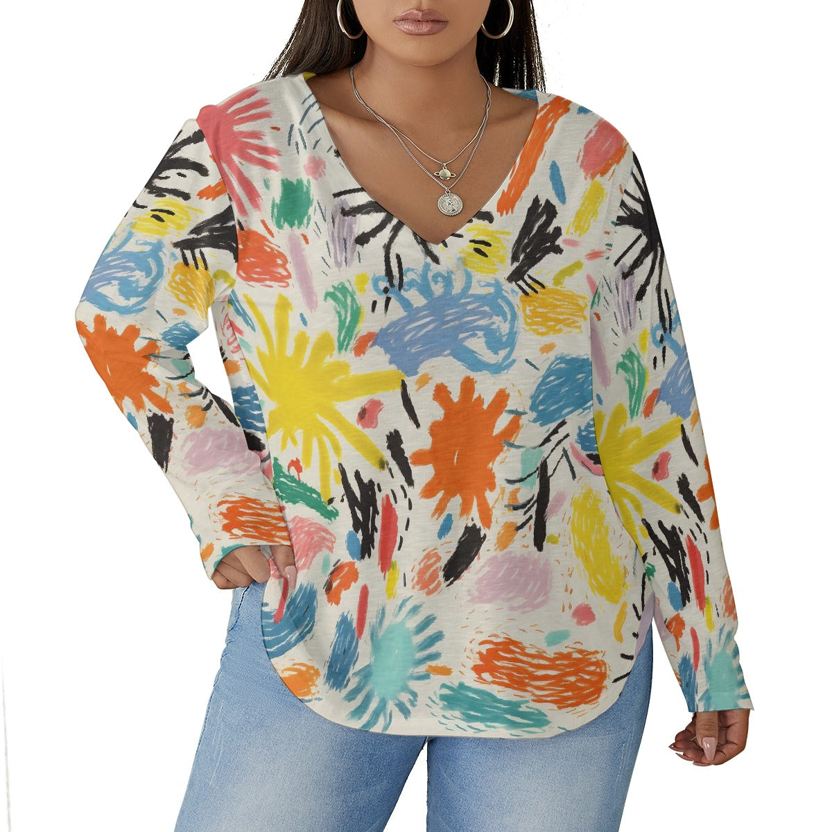 All-Over Print Women's V-neck T-shirt With Curved Hem(Plus Size)