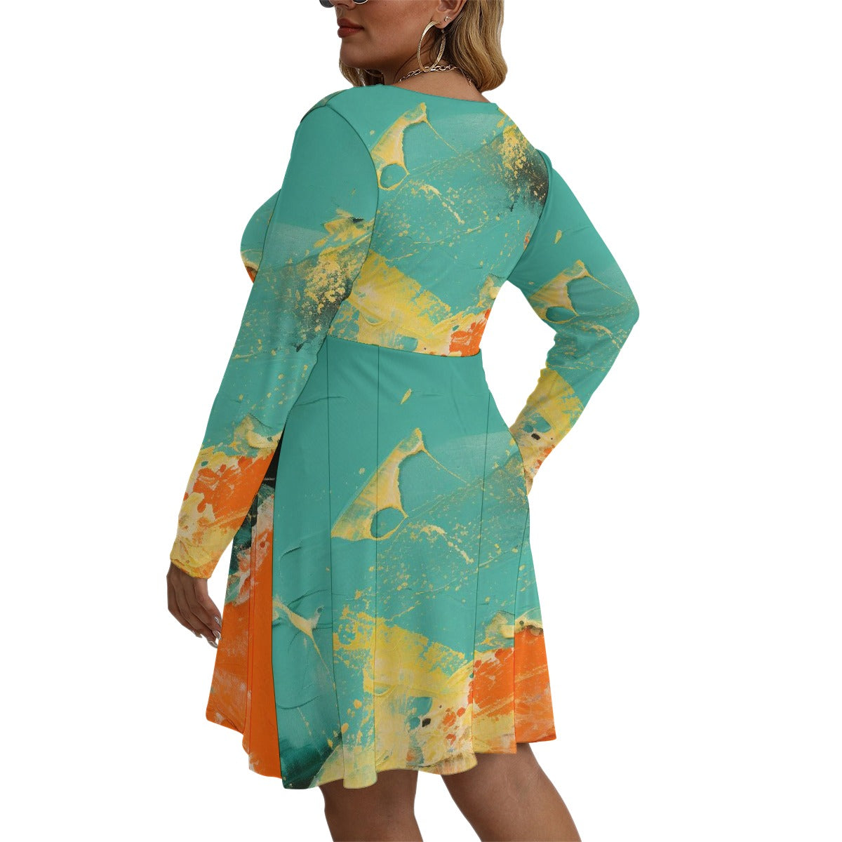 All-Over Print Women's V-neck Long Sleeve Dress(Plus Size)