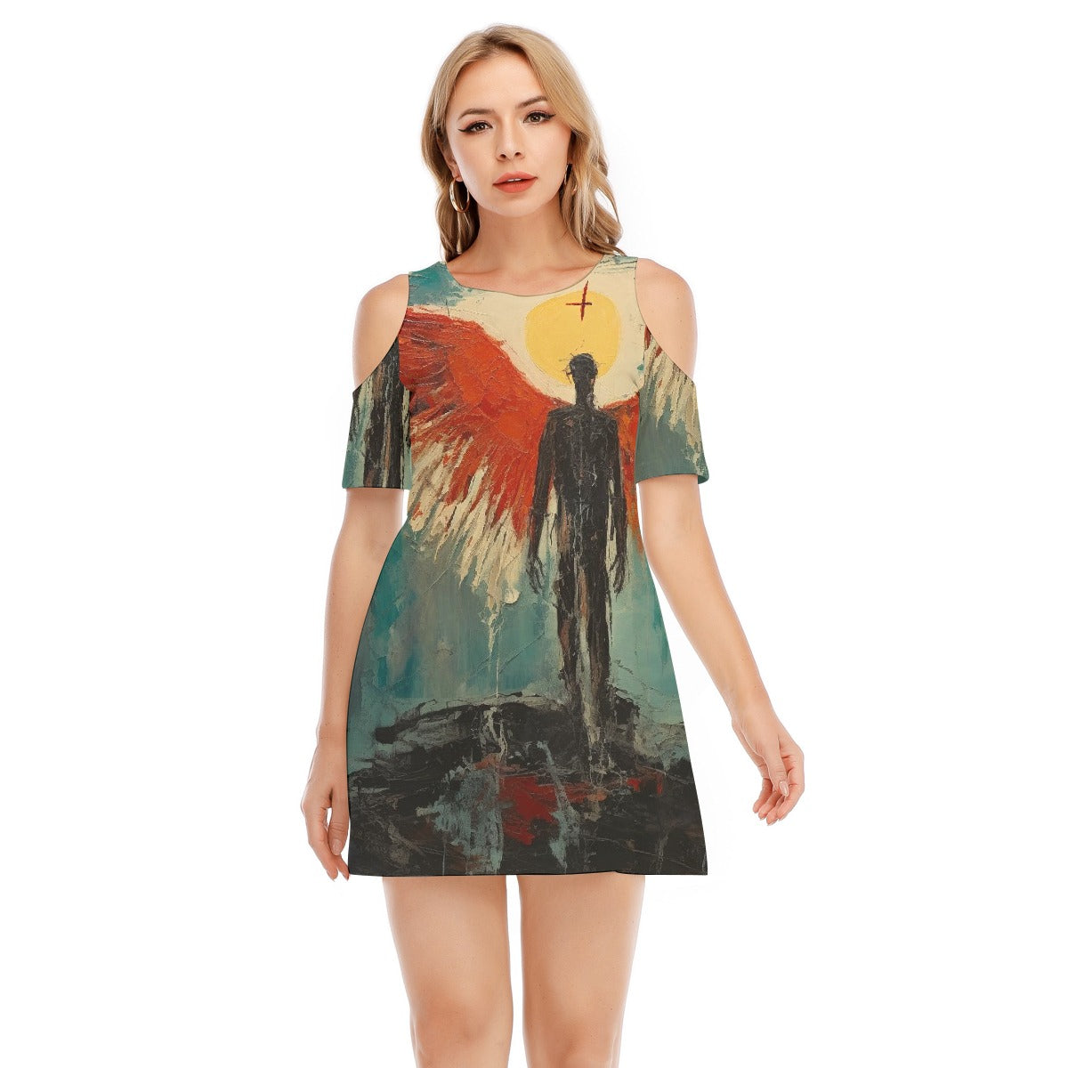 All-Over Print Women's Cold Shoulder Dress | 190GSM Cotton