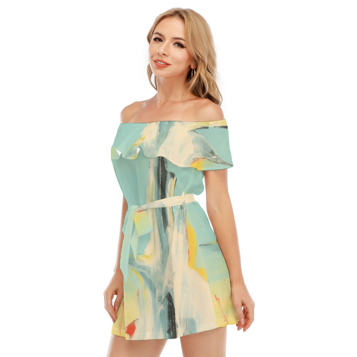 All-Over Print Women's Off-shoulder Dress With Ruffle