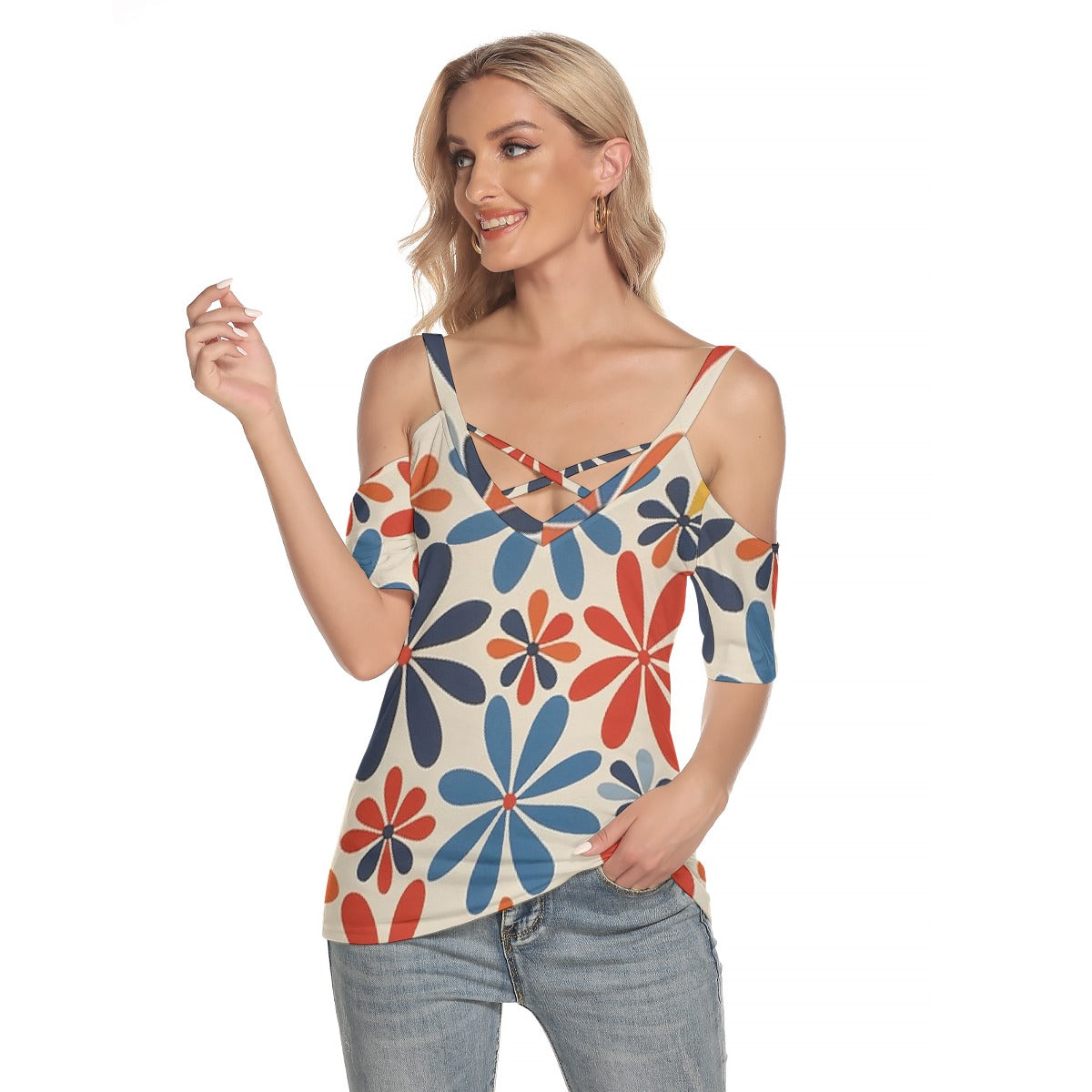 All-Over Print Women's Cold Shoulder T-shirt With Criss Cross Strips