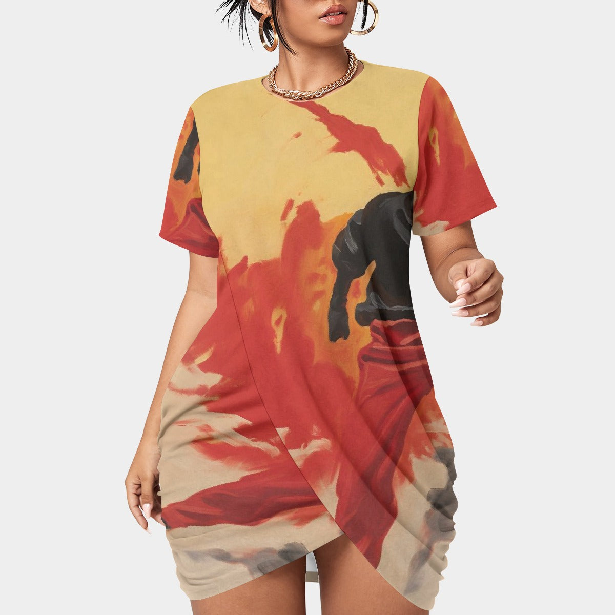 All-Over Print Women’s Stacked Hem Dress With Short Sleeve（Plus Size）