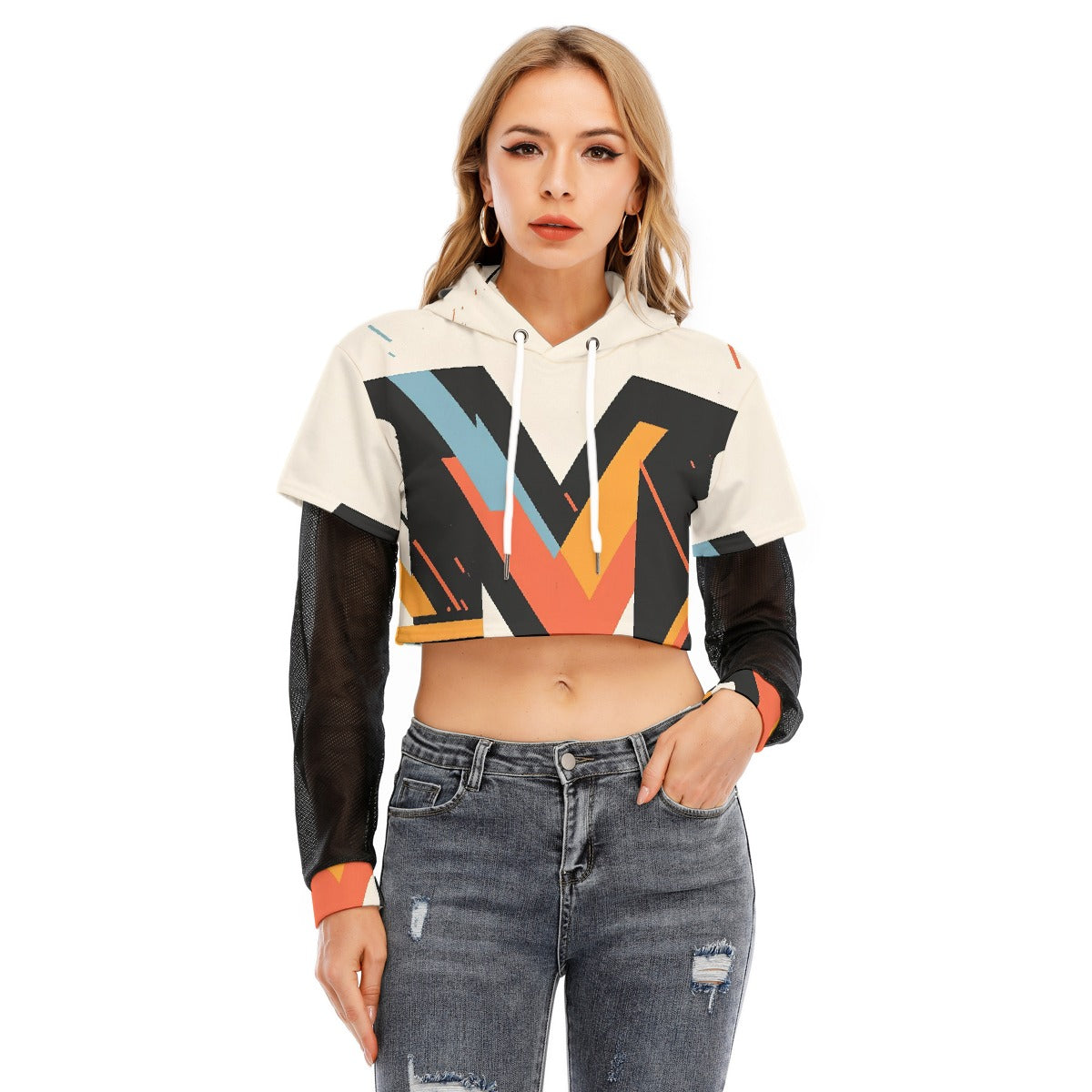 All-Over Print Women's Fake Two-piece Mesh Sleeve Cropped Hoodie