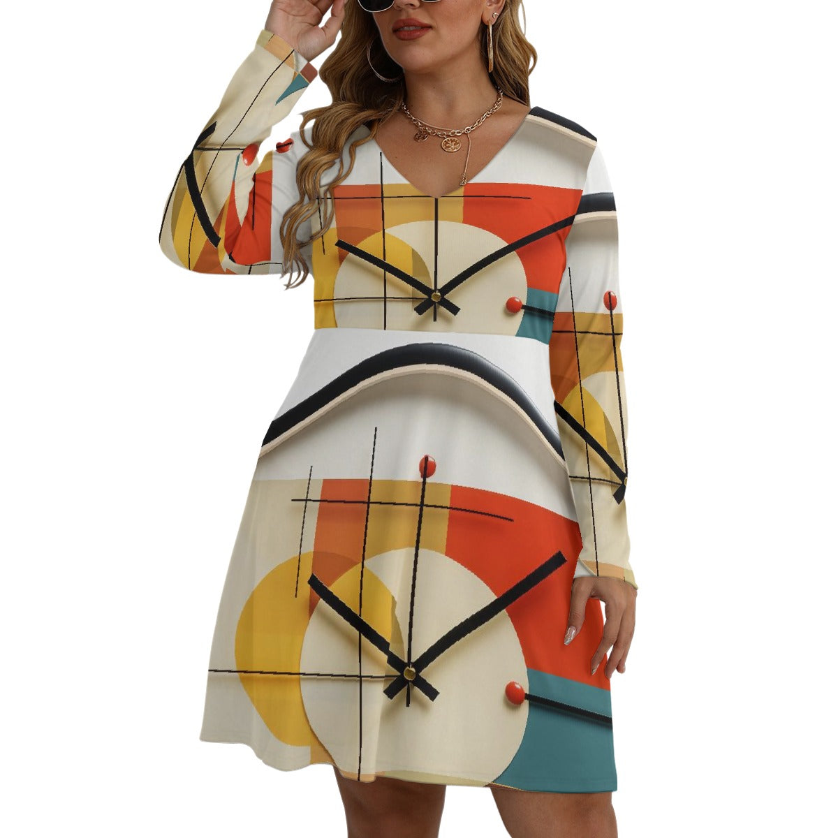 All-Over Print Women's V-neck Long Sleeve Dress(Plus Size)