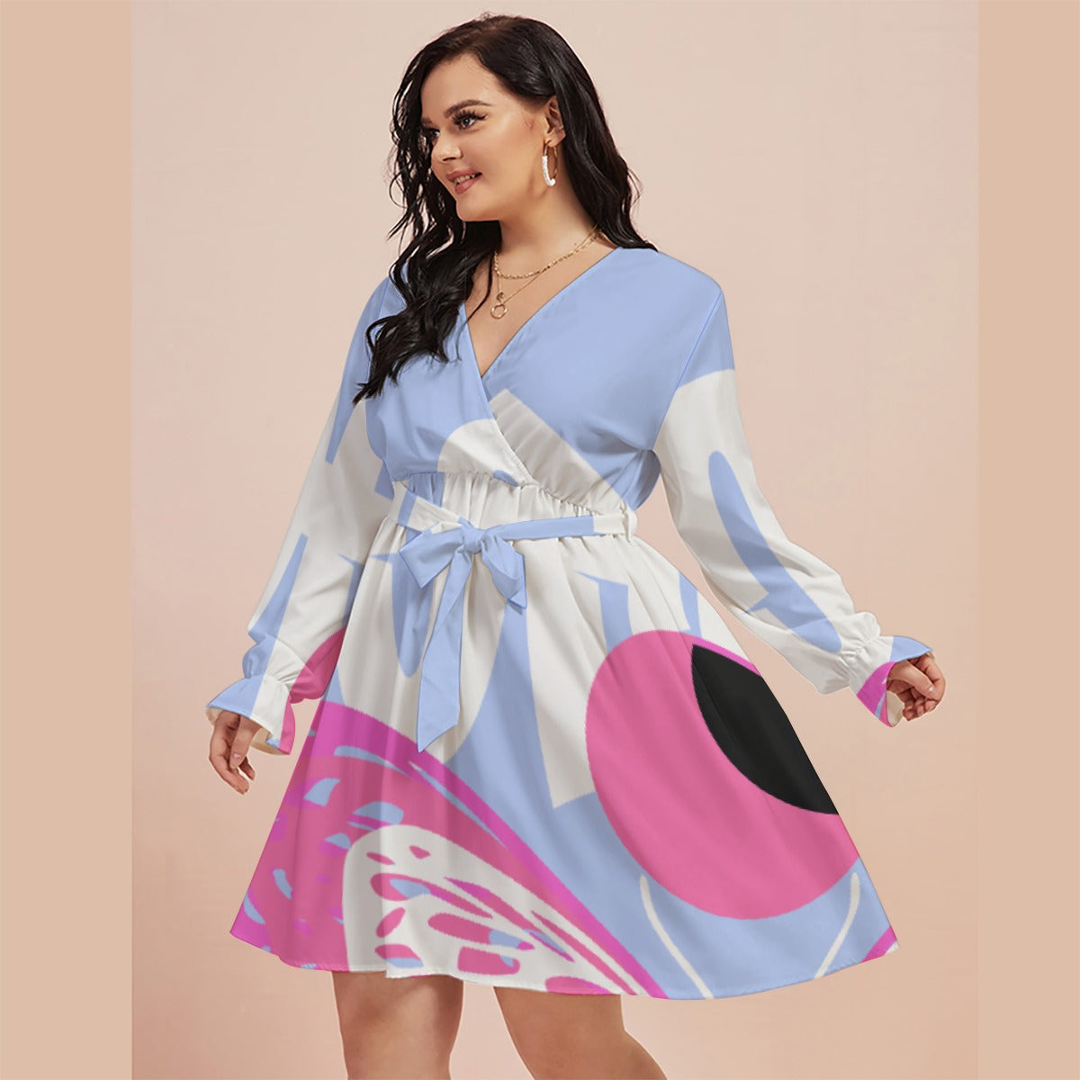 All-Over Print Women's V-neck Dress With Waistband(Plus Size)