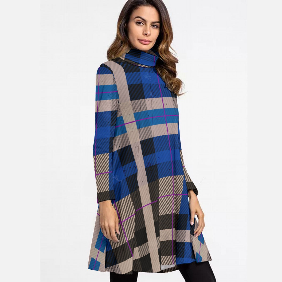 All-Over Print Women's High Neck Dress With Long Sleeve