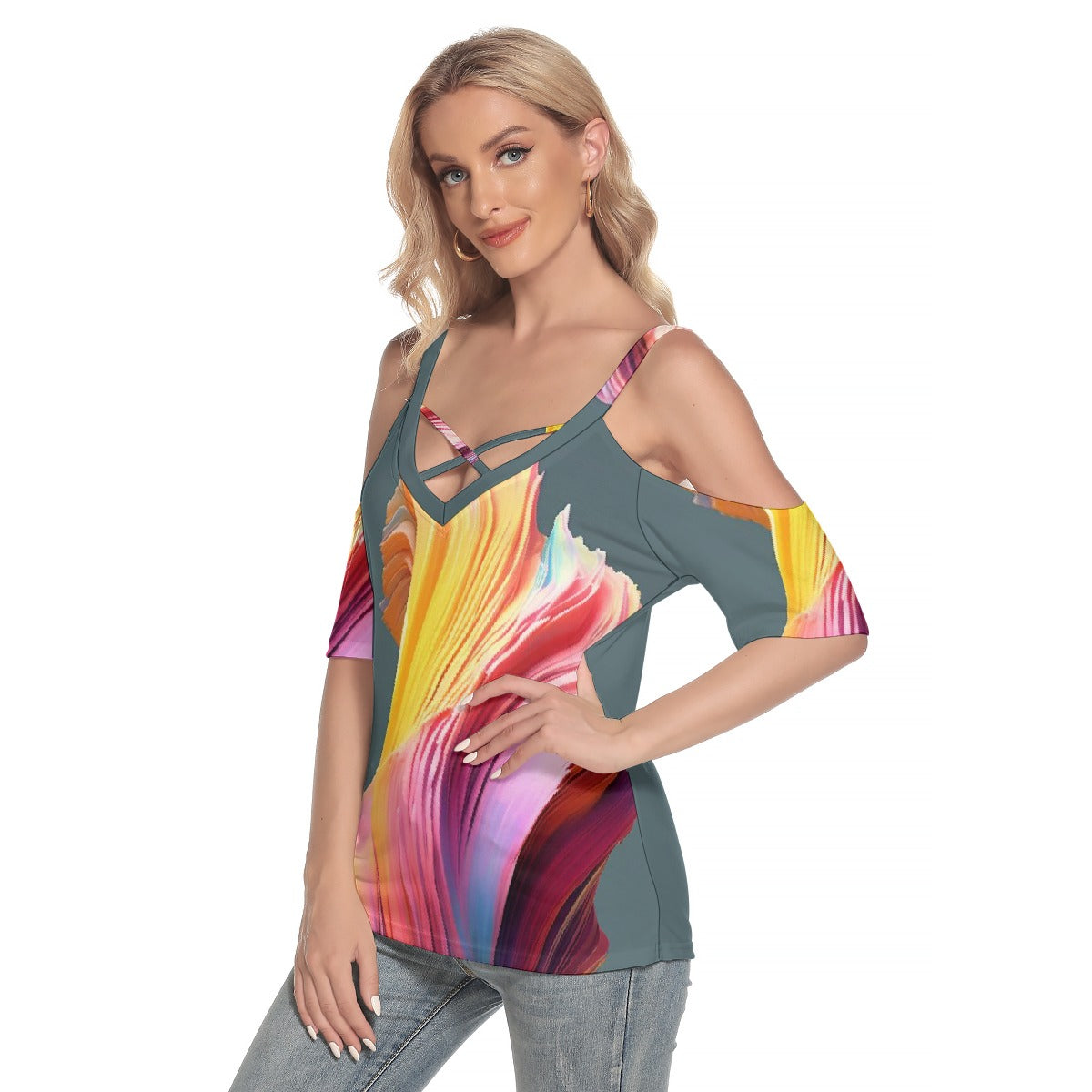 All-Over Print Women's Cold Shoulder T-shirt With Criss Cross Strips