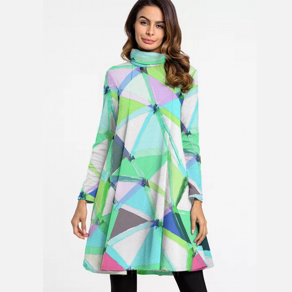 All-Over Print Women's High Neck Dress With Long Sleeve