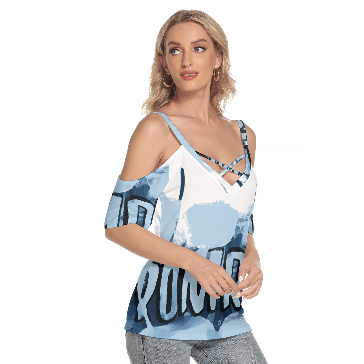 All-Over Print Women's Cold Shoulder T-shirt With Criss Cross Strips