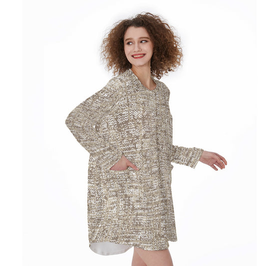 All-Over Print Women's Casual Loose Long Sleeve Dress With Pocket