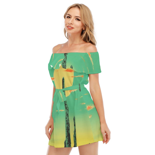 All-Over Print Women's Off-shoulder Dress With Ruffle