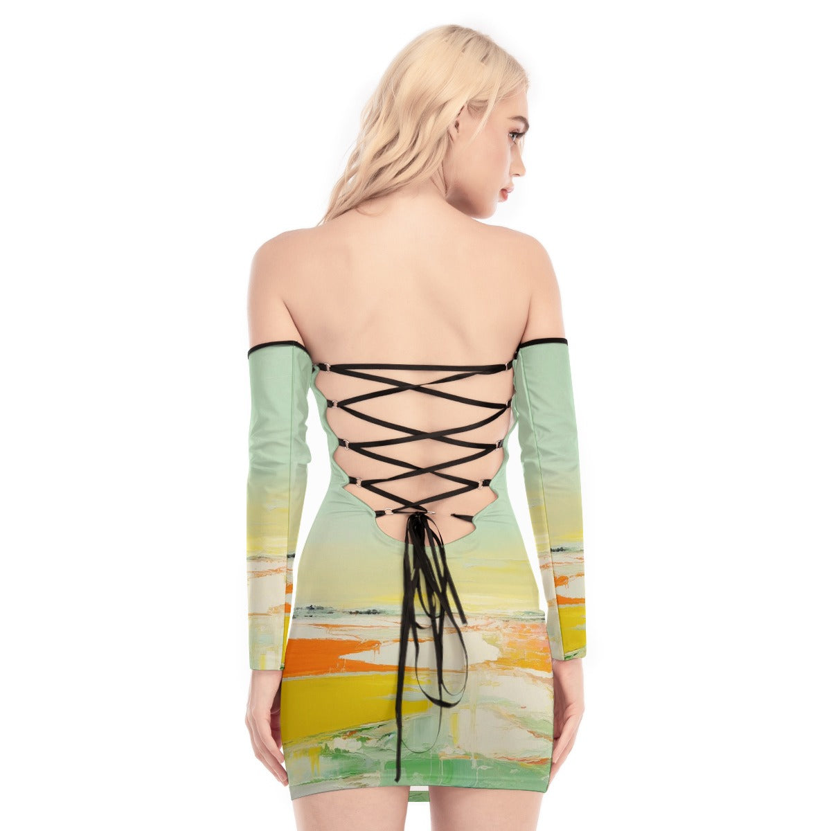 All-Over Print Women's Off-shoulder Back Lace-up Dress