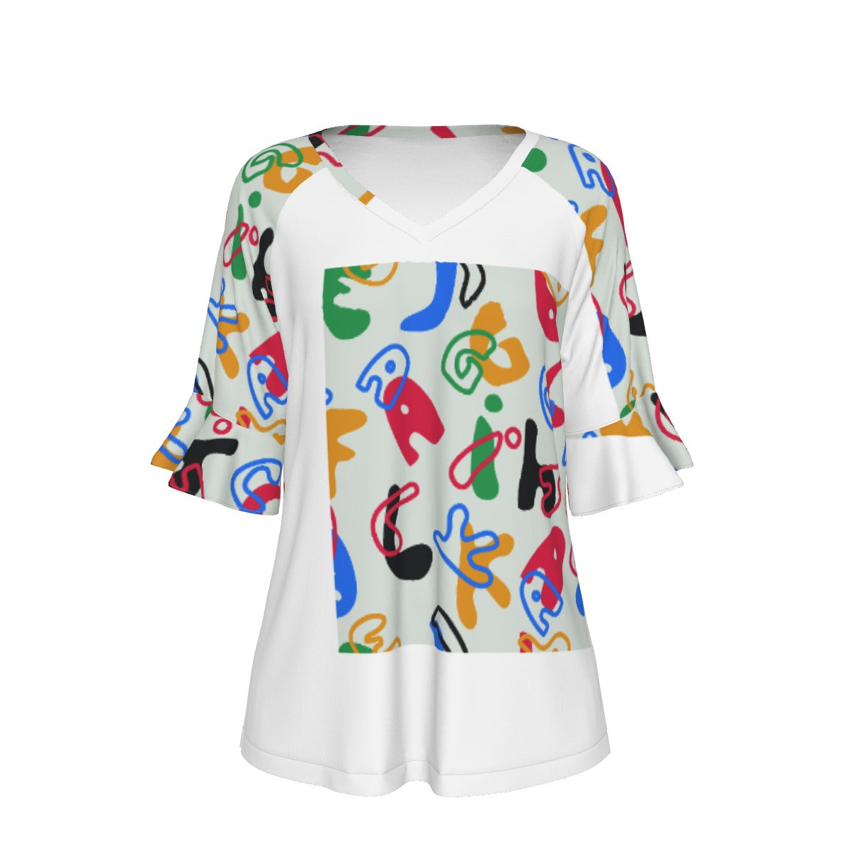 All-Over Print V-neck Women's T-shirt With Bell Sleeve