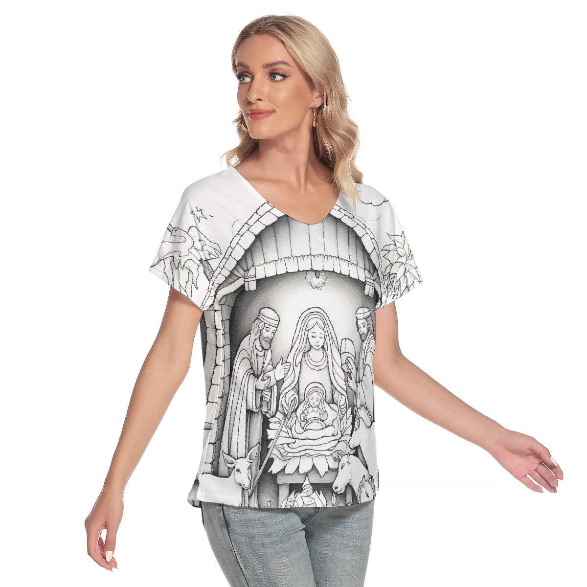 All-Over Print Women's Loose V-neck Short Sleeve T-shirt