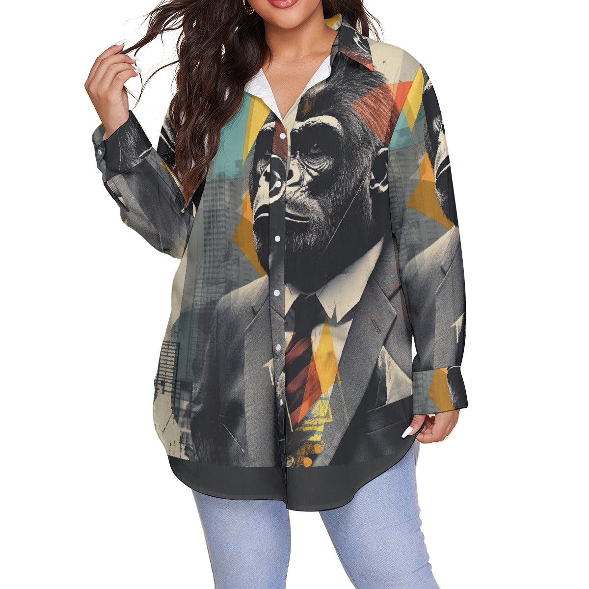 All-Over Print Women's Shirt With Long Sleeve(Plus Size)