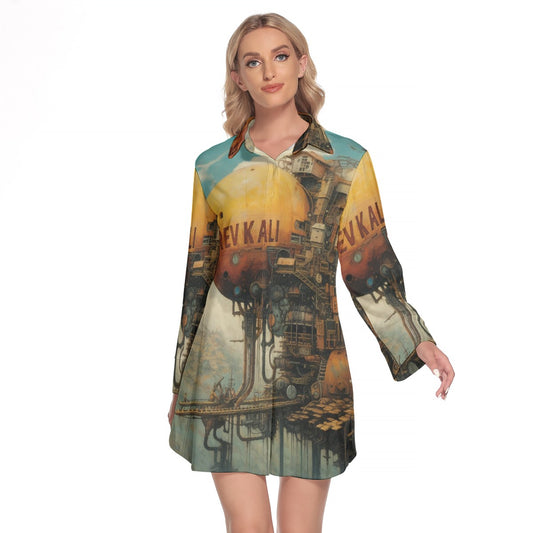 All-Over Print Women's Lapel Shirt Dress With Long Sleeve