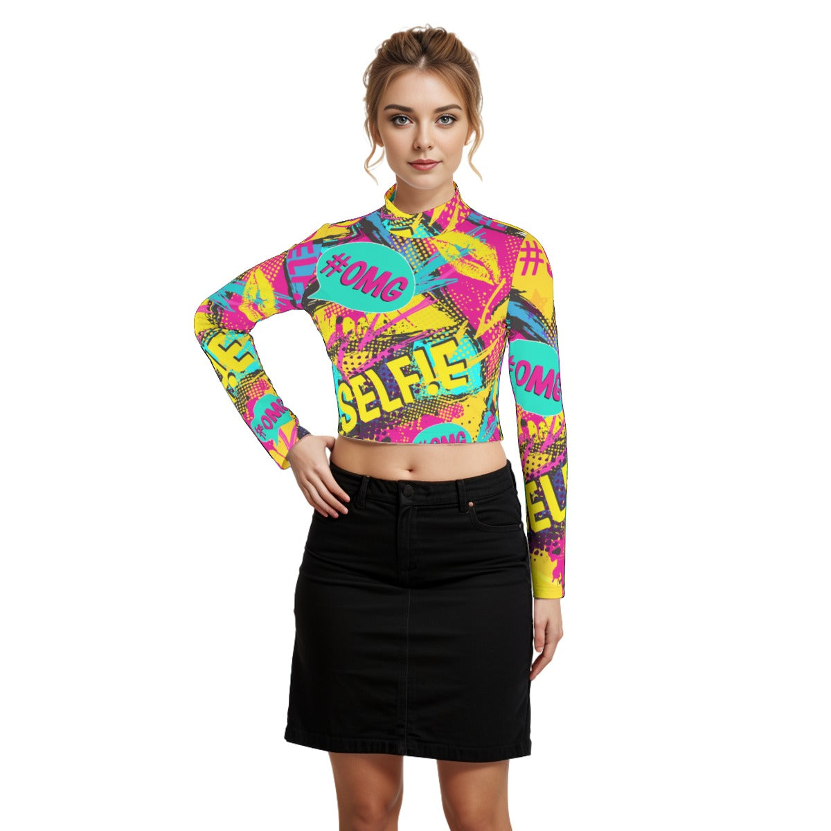 Eco-Friendly All-Over Print Women's Turtleneck T-shirt With Long Sleeve