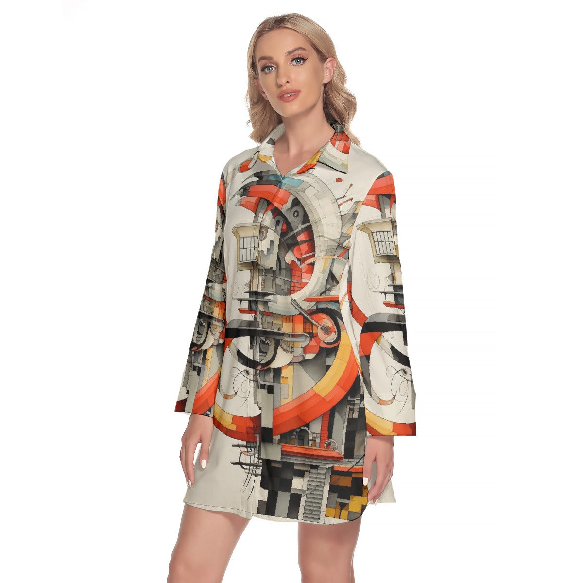 All-Over Print Women's Lapel Shirt Dress With Long Sleeve