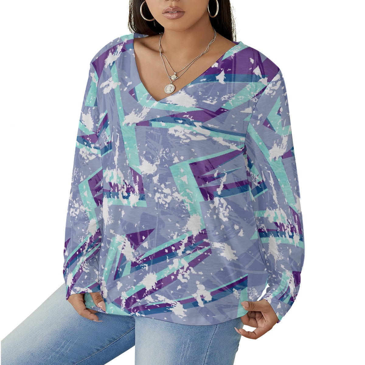 All-Over Print Women's V-neck T-shirt With Curved Hem(Plus Size)