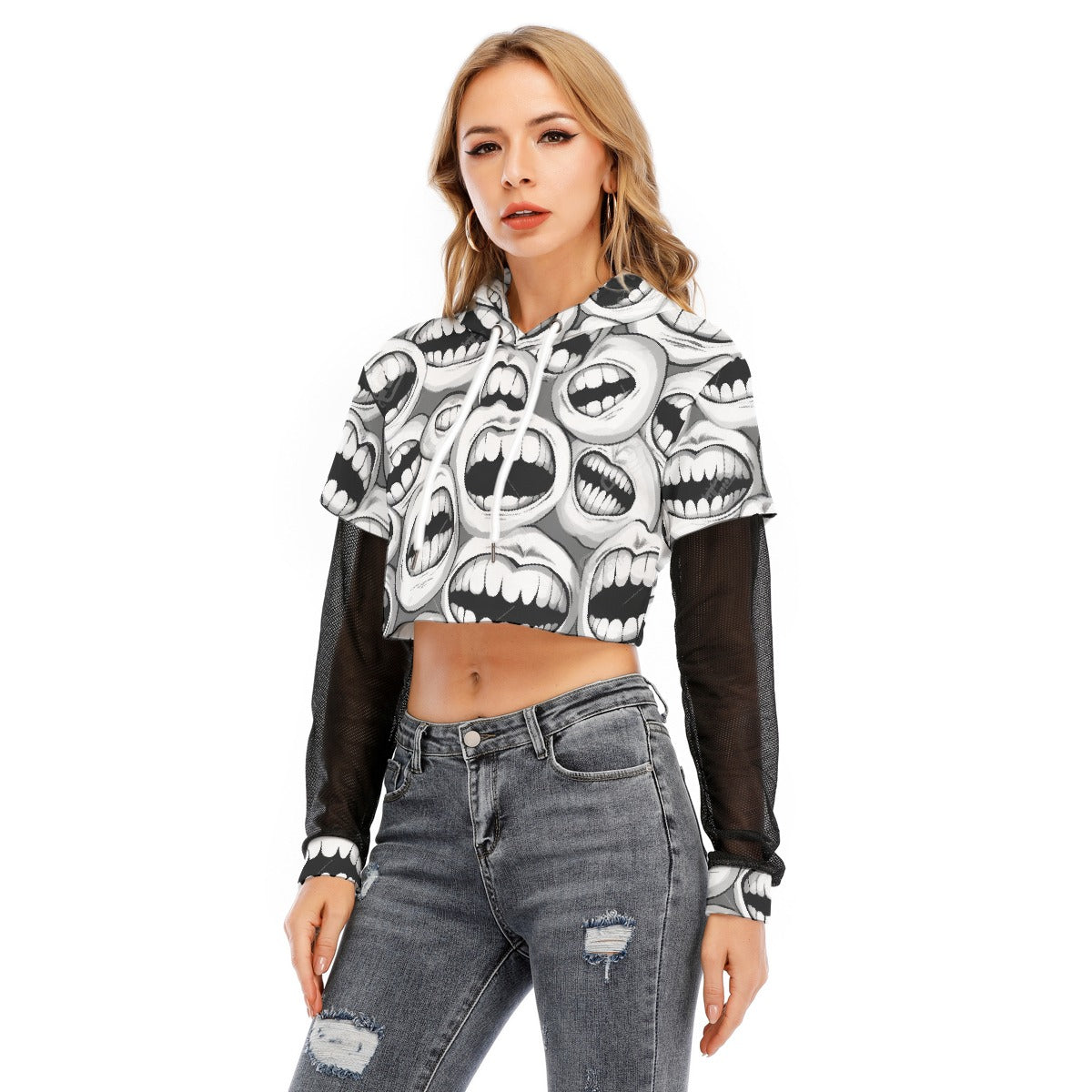 All-Over Print Women's Fake Two-piece Mesh Sleeve Cropped Hoodie