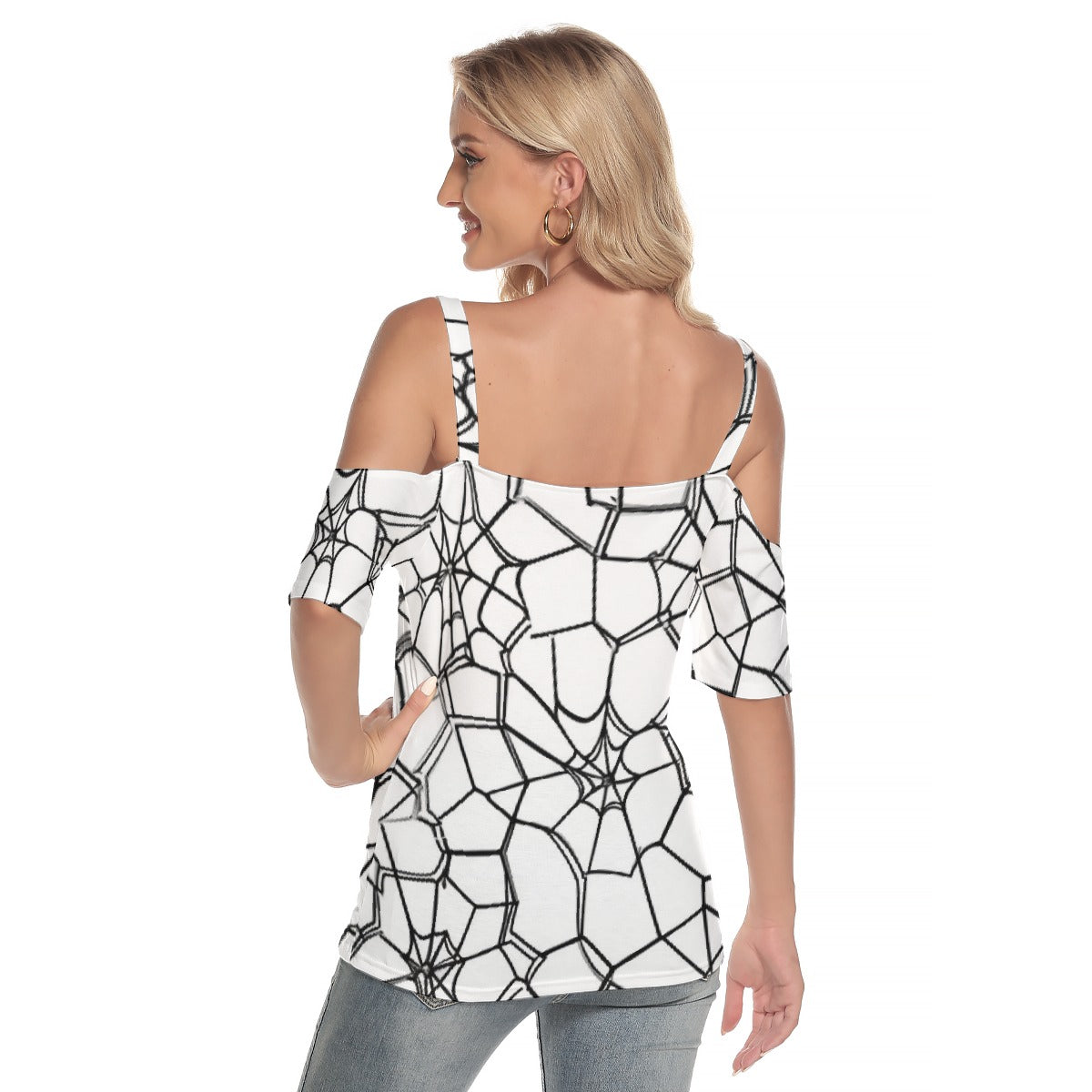 All-Over Print Women's Cold Shoulder T-shirt With Criss Cross Strips