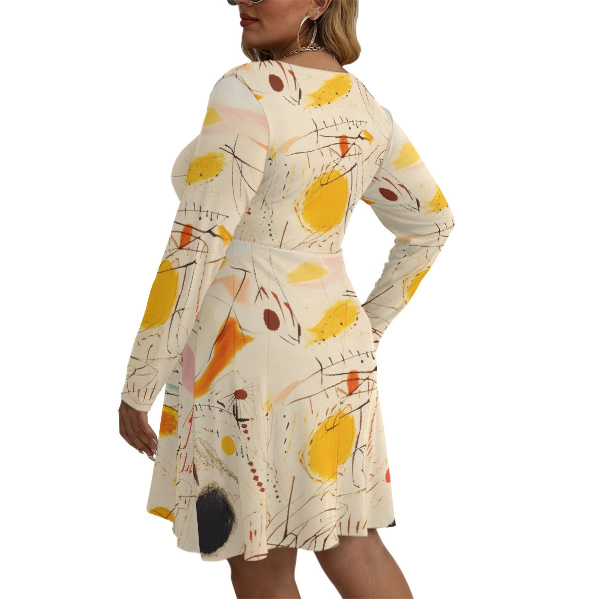 All-Over Print Women's V-neck Long Sleeve Dress(Plus Size)