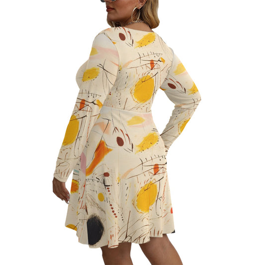 All-Over Print Women's V-neck Long Sleeve Dress(Plus Size)