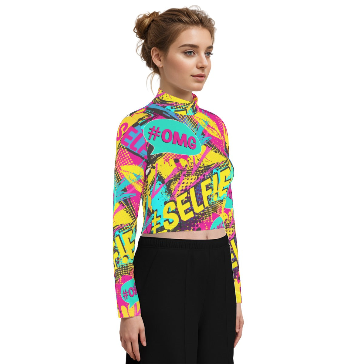 Eco-Friendly All-Over Print Women's Turtleneck T-shirt With Long Sleeve