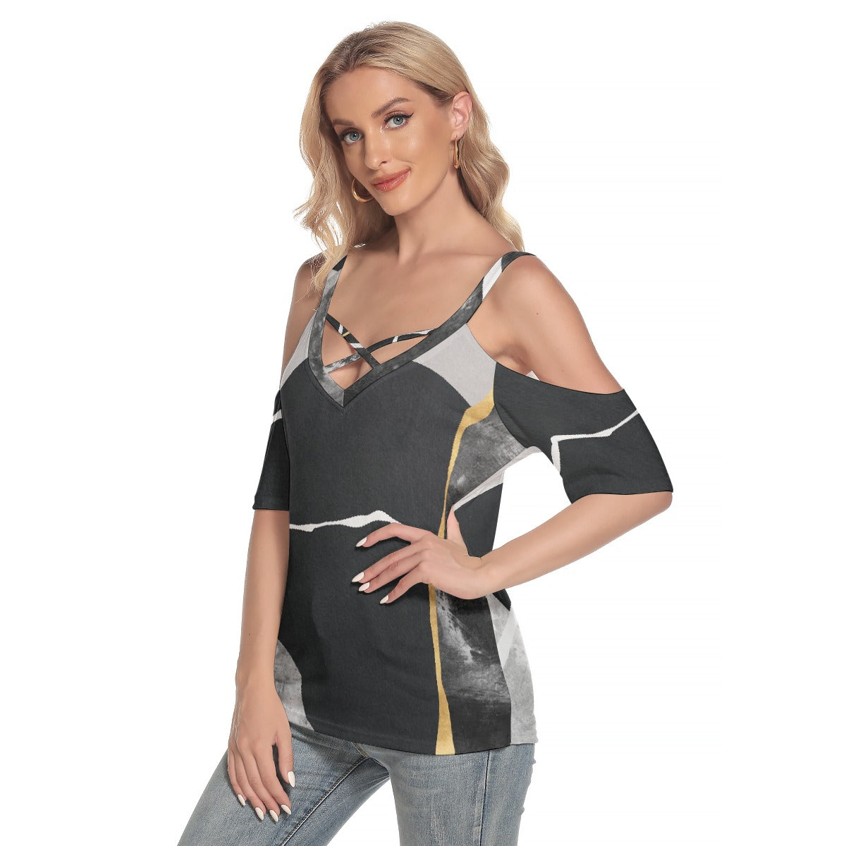 All-Over Print Women's Cold Shoulder T-shirt With Criss Cross Strips