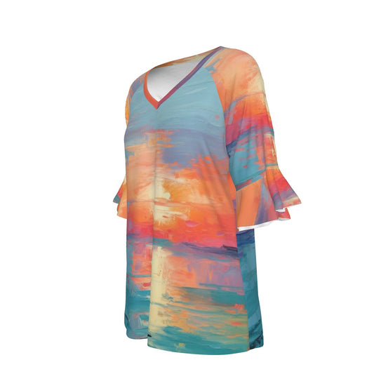 All-Over Print V-neck Women's T-shirt With Bell Sleeve